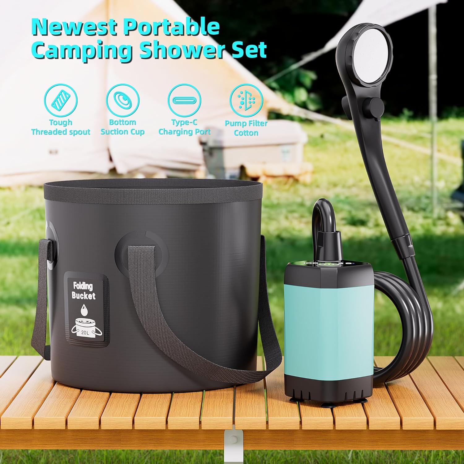 Portable Camping Shower, 6000mAh Rechargeable Shower Pump, Filtered Shower Head & 5 Gallons Foldable Bucket, Outdoor Shower for Hiking Beach, Travel, Pet Bath, Car Washing, Surf & Boat Cleaning Portable Camping Shower, 6000mAh Rechargeable Shower Pump, Filtered Shower Head & 5 Gallons Foldable Bucket, Outdoor Shower for Hiking Beach, Travel, Pet Bath, Car Washing, Surf & Boat Cleaning